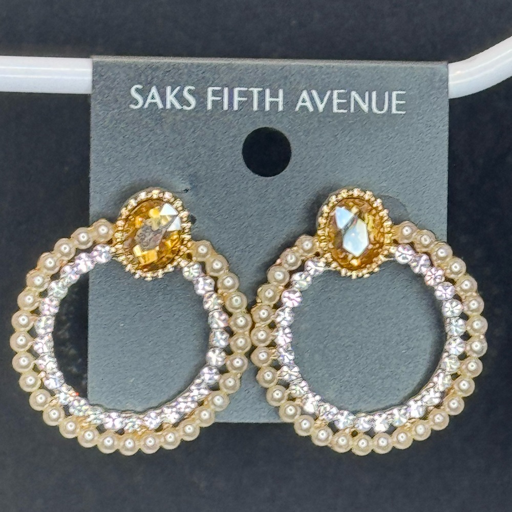 Saks Fifth Ave Champagne Crystal Post With Faux Pearl & Crystal Hoop Earrings